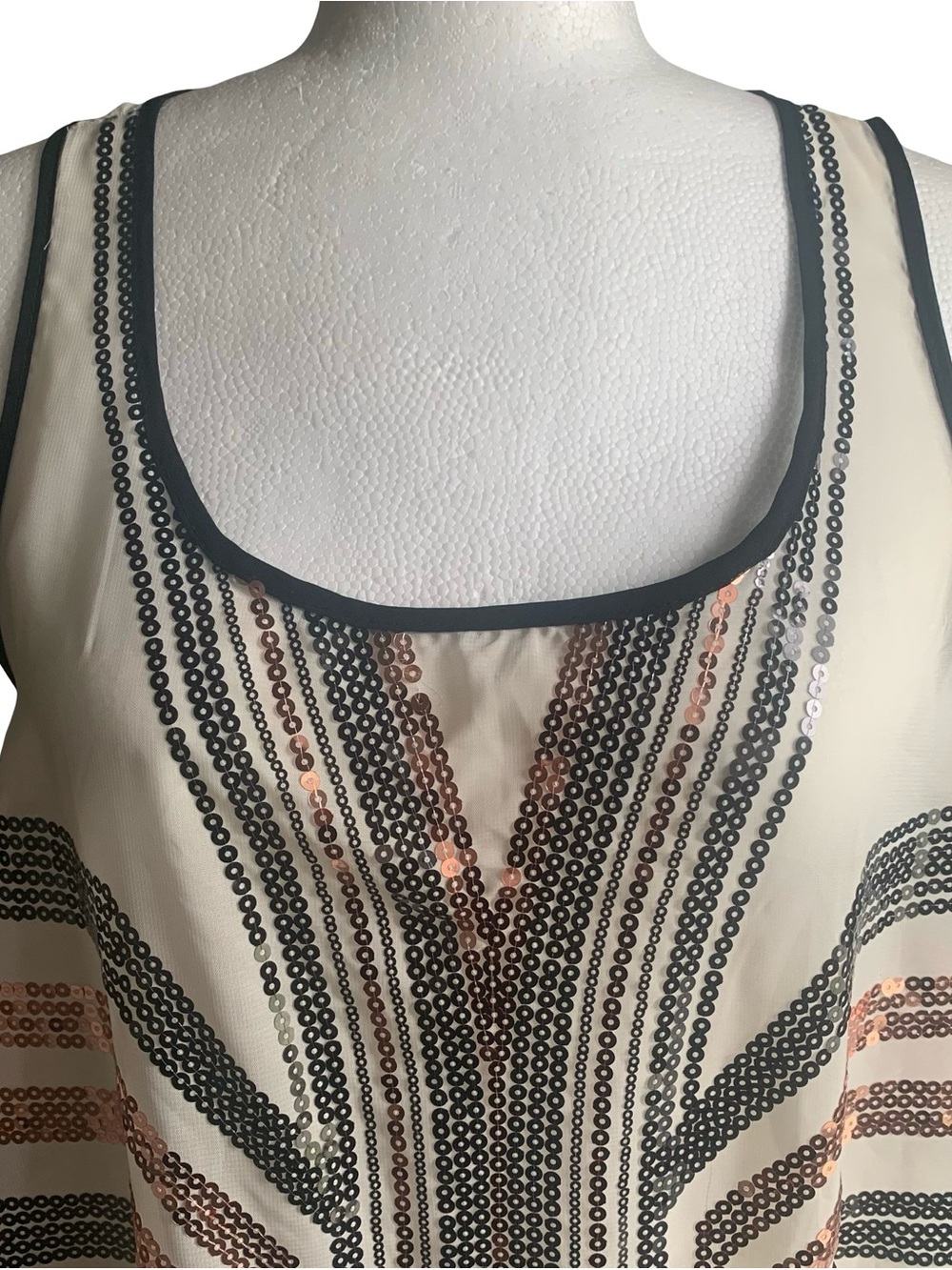 Material Girl Semi Sheer Sequin Tunic Tank Topper Event Party Cream Black S - Picture 4 of 14
